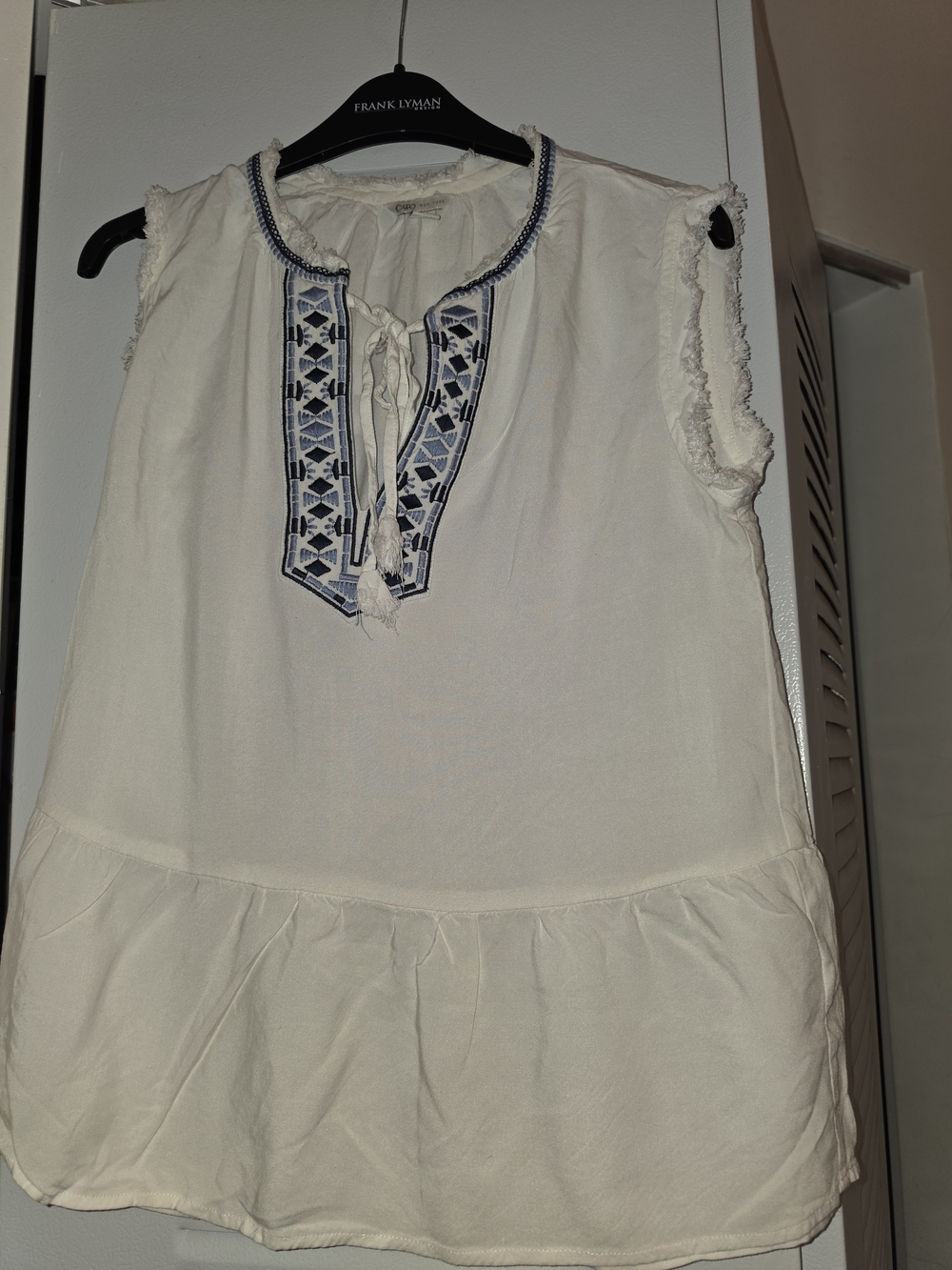 Cato White Sleeveless Embroidered Tie-Neck Peasant Top